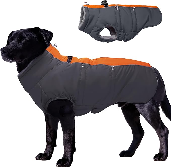 Dog Winter Jacket - Large, Warm Zip Up Snowsuit Dog Harness Vest, Reflective, Water-Resistant, Orange-Gray