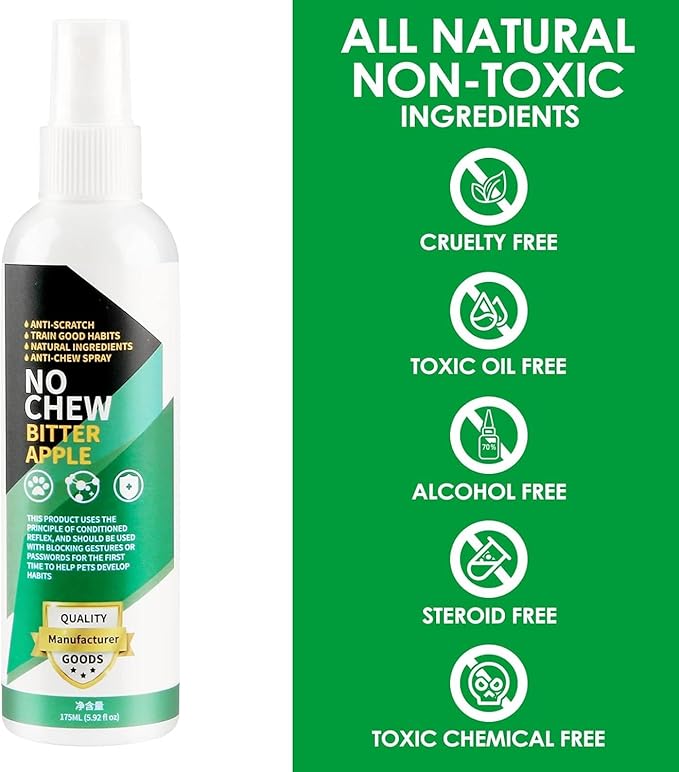 Bitter Apple Spray for Dogs to Stop Chewing, 175ML No Chew Spray for Dogs, Natural Dog Deterrent Spray for Pet Behavior Training, Indoor & Outdoor Safe, Alcohol Free/Non-Toxic/No Sting & No Smell