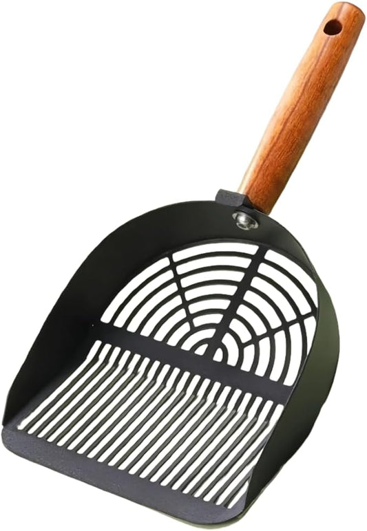 Heavy Duty Aluminum Alloy Cat Litter Scoop with Stand | Beech Wood Grip + Long Handle for Comfort | Deep Sifter for Fast, Efficient Poop/Litter Cleaning | Durable for Litter Box (Black Long Strip)