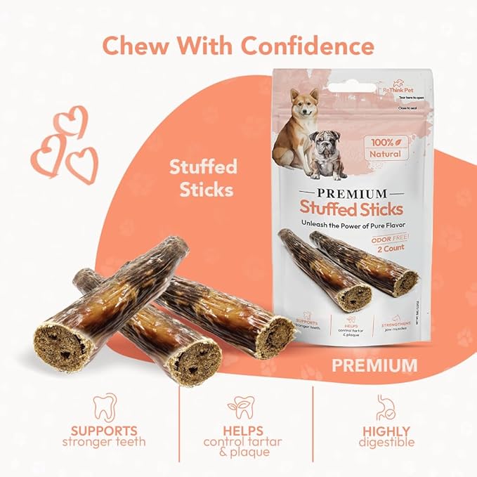 Premium Stuffed Sticks for Dogs – Long-Lasting Beef Dog Chews, Odor-Free, All Natural & Healthy High Protein Reward Treats, Great Tasting Dog Treat Chews (8 Sticks, 4 Pack)