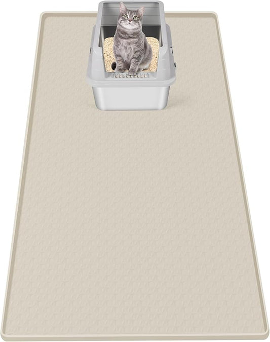 Cat Litter Mat, Extra Large 51" x 25.6" Silicone Mat Litter Trapping Mat for Scatter Control, Soft on Kitty Paws, Easy to Clean (Beige)