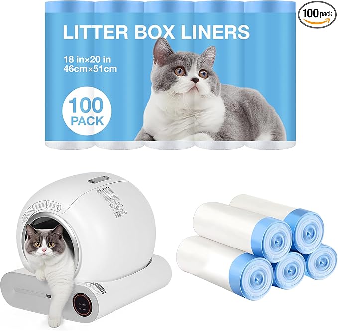 Cat Litter Bags 100 Pack, Thickened cat litter box liners, Leakproof Poop Bags & Waste Bags - Ultimate Odor Control and Leakproof Design,5 Rolls Drawstring Trash Bags for Automatic Litte(18x20inches）