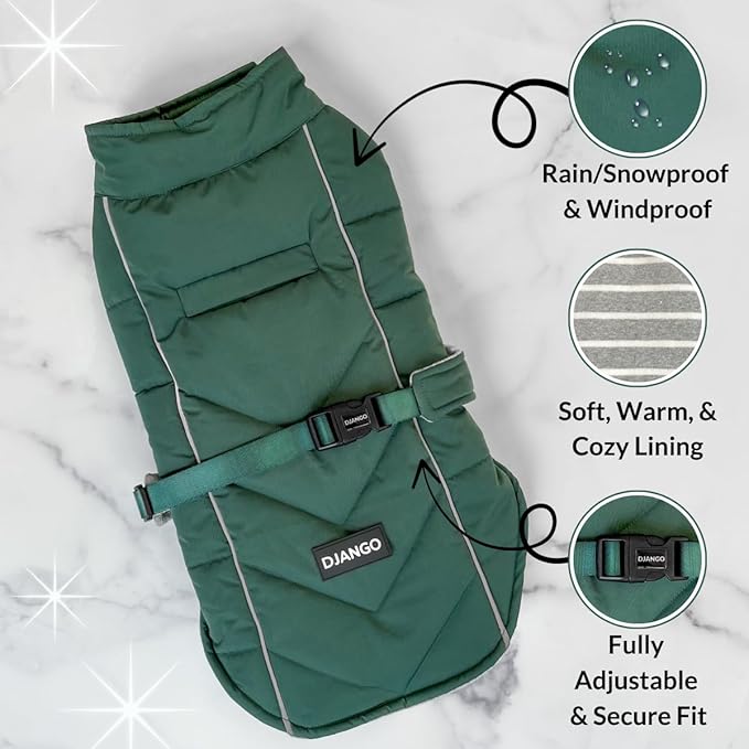 DJANGO Insulated Puffer Dog Jacket with Harness Hole – Warm, Water-Repellent Winter Dog Coat Large Dogs – Adjustable, Reflective Cold Weather Dog Apparel for Fall and Snow – Lafayette Green, X-Large