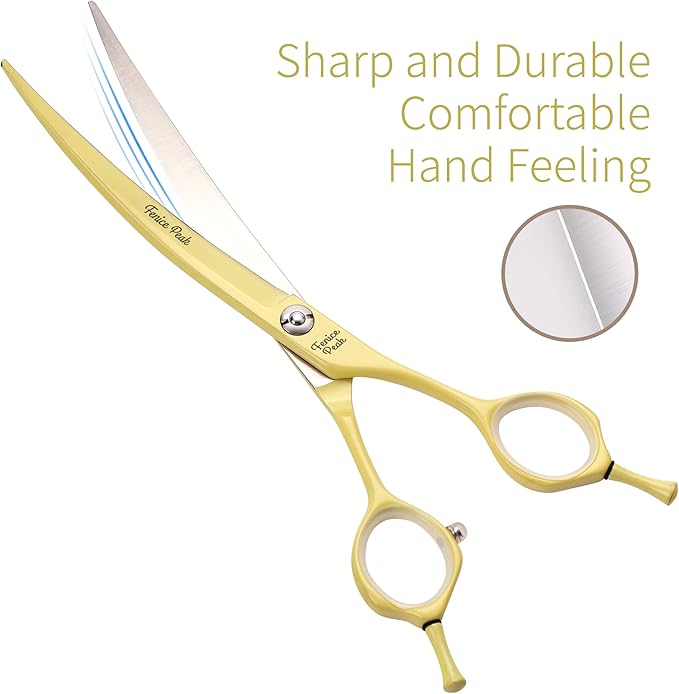 Fenice Peak Curved Dog Grooming Scissors with Yellow Color Coating 440C Stainless Steel Pet Grooming Bending Shears Sharp and Durable Comfortable Engonomic Handle
