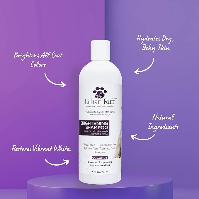 Lillian Ruff PRO Formula Ultra Brightening Dog Shampoo - Professional Whitening & Long-Lasting Odor Eliminator - Removes Stains & Discoloration, Dry Skin & Itch Relief with Aloe & Provitamin B5 (16oz)