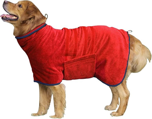 Dog Drying Coat - Fast Drying Dog Towel Robe - Microfiber Super Absorbent Pet Bathrobe, Adjustable Collar & Belly Strap Pet Coat Pet Bath Robe Towel (XX-Large, Red)