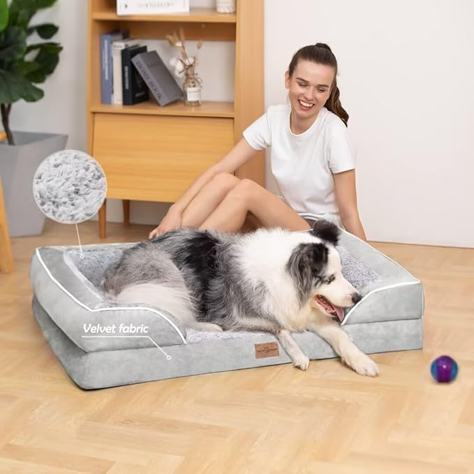 Comfort Expression Orthopedic Dog Bed for Extra Large Dogs 42x30 Inch, Waterproof Supportive Memory Foam XL Pet Bed with Removable Bolsters, Dog Couch with Washable Cover & Non-Slip Bottom, Light Grey