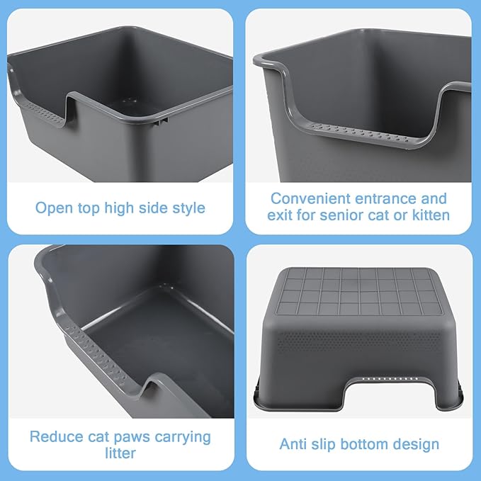 Bringer 4-Pack Plastic High Side Cat Litter Box, Large Open Top Cat Litter Box, Gray, 19.69 x 15.24 x 8.46 Inches