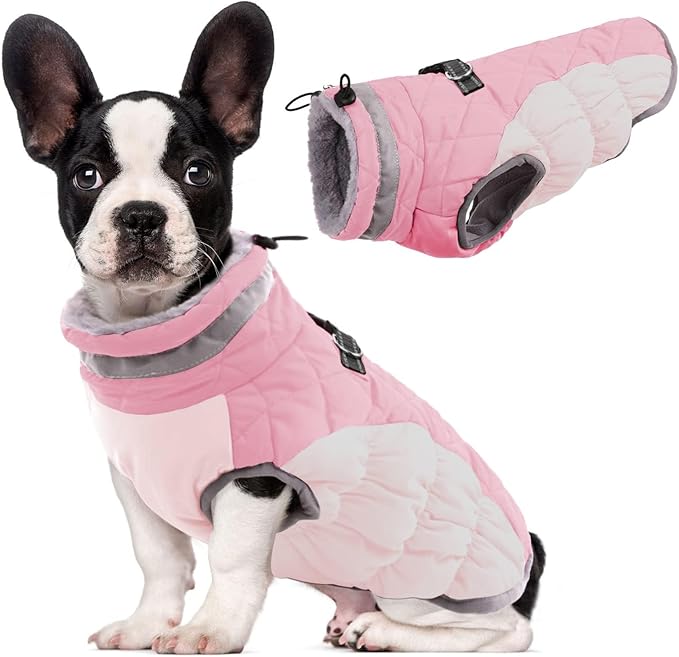 Lelepet Dog Coat Warm Dog Winter Coat Waterproof Dogs Jacket with Harness Built in Reflective Pet Fleece Vest Zip-Up Cold Weather Coats for Small Dogs Turtleneck & Windproof Coats Chihuahua Pink XS