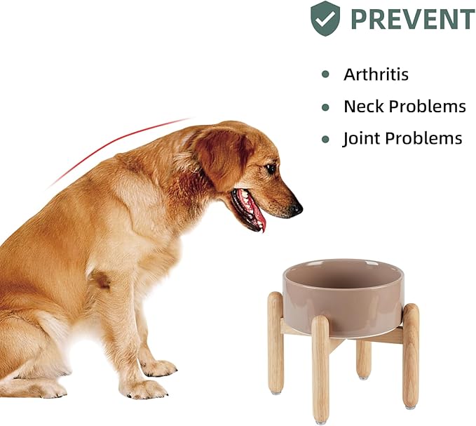 Ceramic 7.3inch Raised Dog Bowl Set, Elevated with Wooden Stand, Food and Water Bowl for Medium Breed Dogs, Weighted Dog Dishes, Pet Feeder(Brown Coffee)