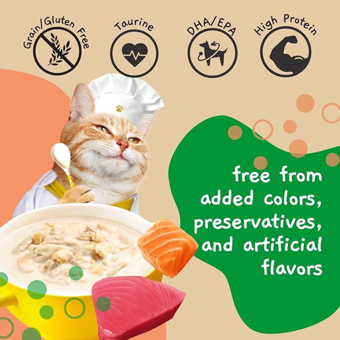 MOOCHIE Grain Free Creamy Broth for Cats - Made with Real Salmon & Tuna - No Artificial Flavors or Preservatives - 16 x 1.4 oz Pouch