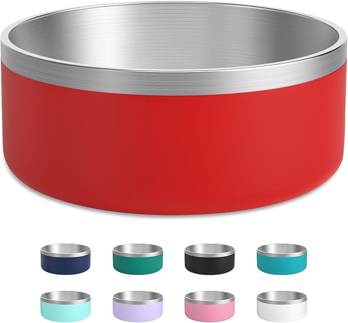 Stainless Steel Dog Bowls for Large Dogs - Metal Pet Dish, Water & Food, Insulated & Non-Slip, Easy to Clean, 64oz, Red