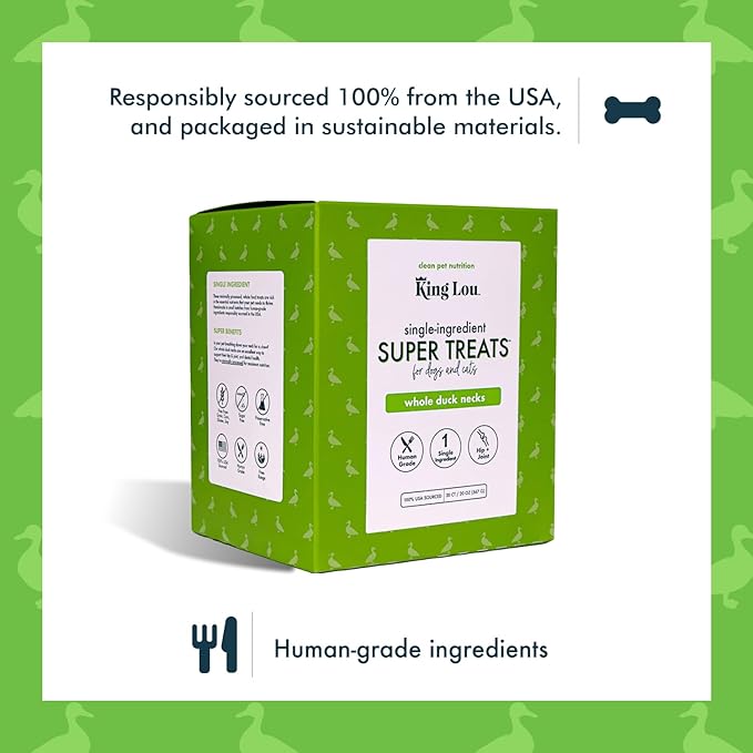 King Lou Pets - Whole Duck Necks for Dogs and Cats - Single Ingredient Dog Treat - Dehydrated Cat Treats - USA-Made Dog and Cat Treats - Supports Hip and Joint Health - 20 Count