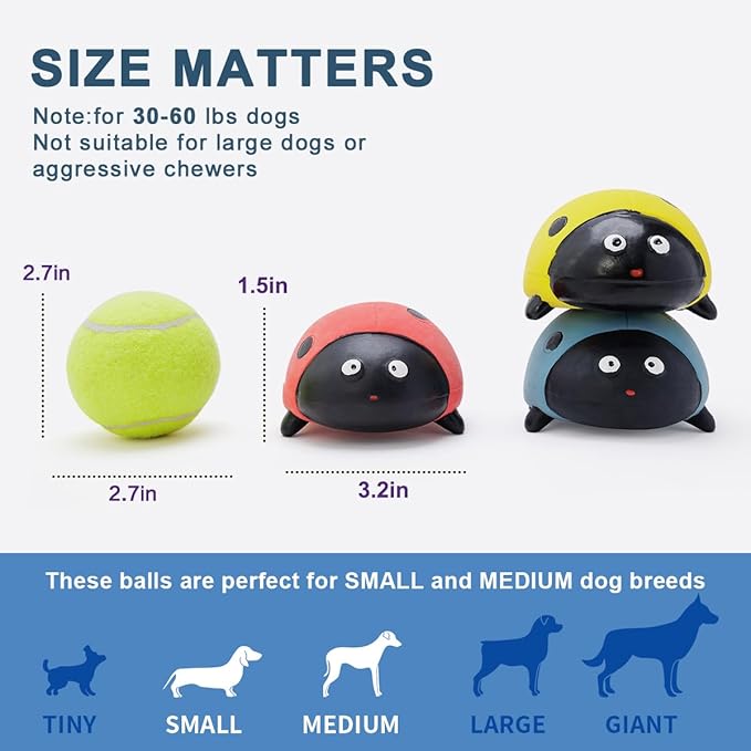 3 Pack Squeaky Dog Toys for Medium Dogs, Soft Latex Squeaky Dog Ball, Cute Funny Squeak Ladybug Pet Toys