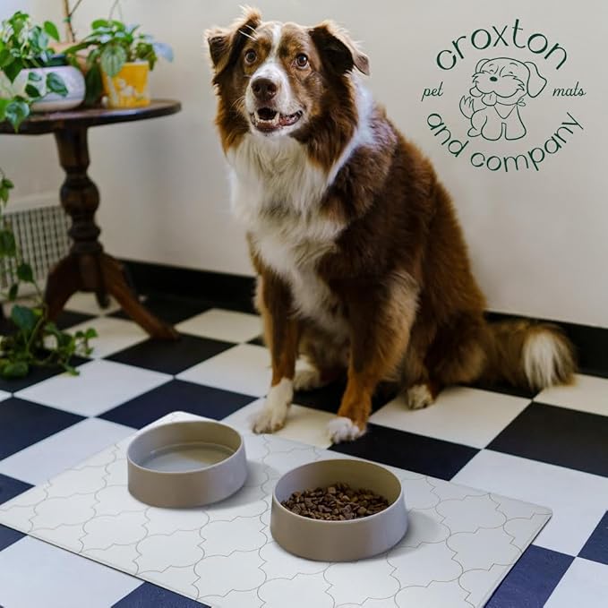CROXTON & CO. Dog Mat for Food Bowl, Dish, Water Bowls | Stainproof, Washable & 100% Waterproof, Non-Slip Food Placemat for Pets | Faux Leather | Easy to Clean | Size: 16.5” x 28”, Cream, Light Brown