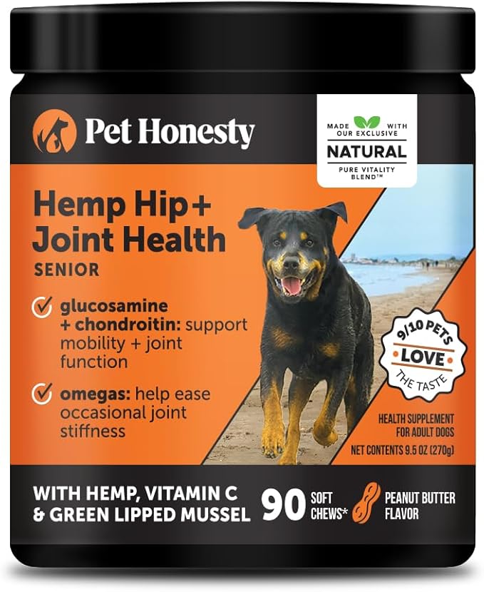 Senior Hemp Hip & Joint Support, Hemp for Dogs, Mobility Support for Senior Dogs, Glucosamine, Collagen, MSM, Green Lipped Mussel, Helps Discomfort (Peanut Butter, 90)