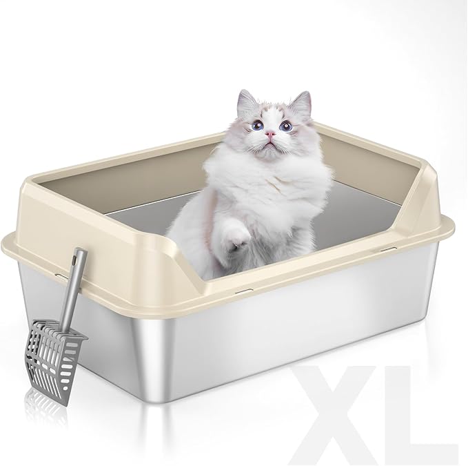 Stainless Steel Litter Box with Lid, XL Cat Box, Non-Sticky, Anti-Leakage, Easy to Clean (Beige)