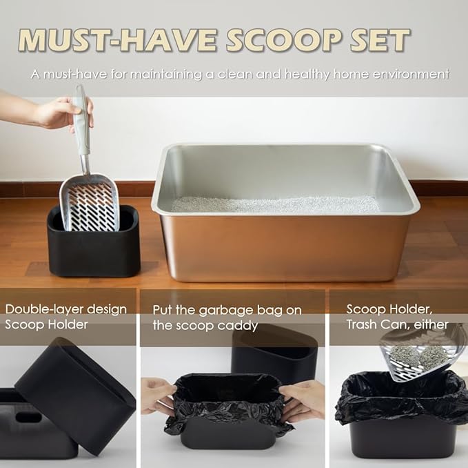 Metal Cat Litter Scoop with Holder, Aluminum Cats Litter Scooper Captures All Clumps, Heavy Duty Metal Kitty Scoopers with Holder, Cat Metal Scoop and Holder (Black)