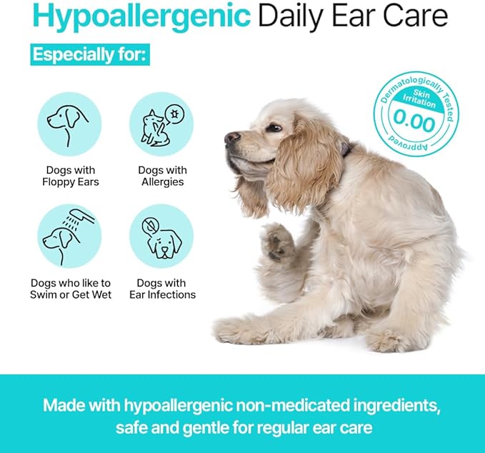 PetO’CERA EEF Ear Cleaner for Dogs & Cats, Vet Approved, Otic Enzymatic Infection Treatment, Gently Removes Debris, Odor, Soothes Itching, Hypoallergenic, Alcohol-Free, No Sting 4 fl oz