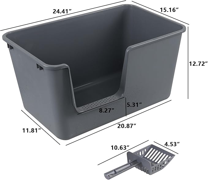 Gloreen 2-Pack Plastic High Sides Cat Litter Box, Open Top Cat Litter Box with Scoop, Grey