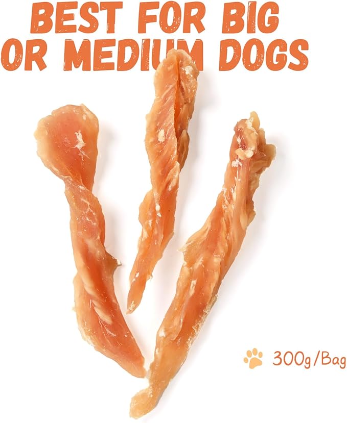 Dog Treats Chicken Jerky Strips for Dogs, Natural Healthy Dog Jekry with Taurine, Real Chicken Twists High Protain Low Fat, Training Rewards Treats for Small Medium Large Dogs 10.6oz