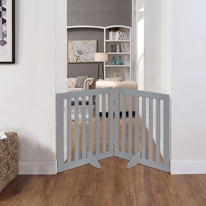 unipaws 24”H Free Standing Pet Gate for Dog Cat, Wooden Dog Gates for Doorway, Stairs, Step Over Foldable Pet Fence for The House, Expandable Doggy Barrier, Indoor Use, Grey