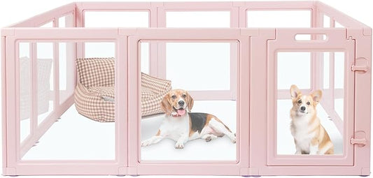 DIY Clear Acrylic Dog Playpen House,Quick Easy Assembly and Disassembly,Strong Floor Suction,Indoor and Outdoor Use,Easy Cleansing Puppy Fence (Skin Pink, 23.6" H, 2PCS)
