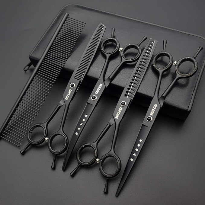 7.0 inches Professional Dog Grooming Scissors Set Straight & thinning & Curved & chunkers & comb 5pcs in 1 Set for left-handed & right handed Black