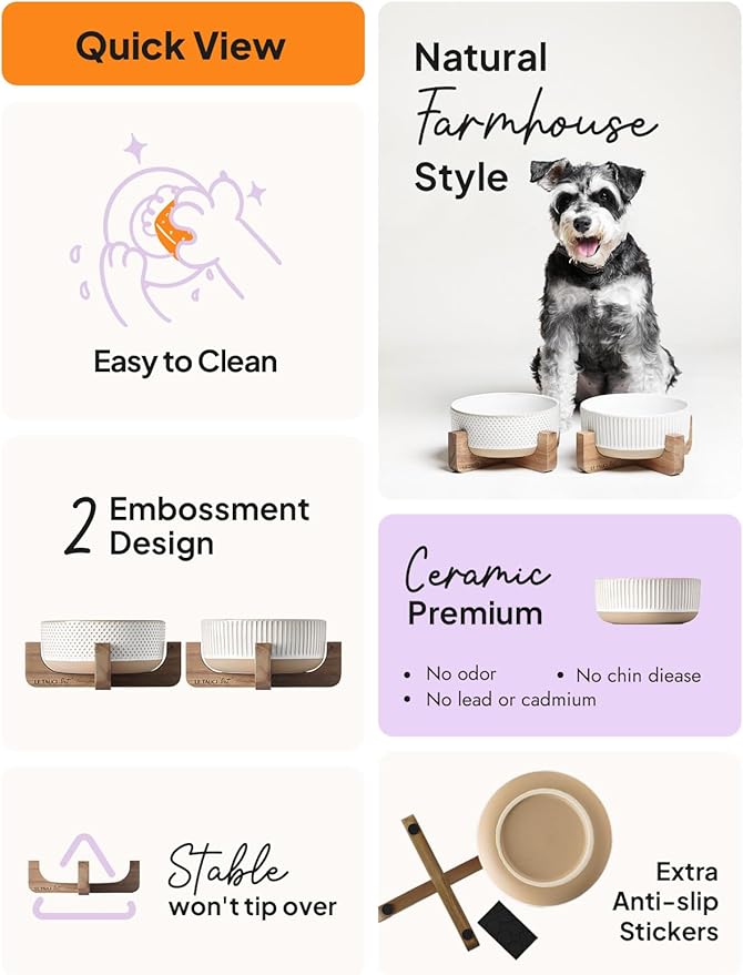 LE TAUCI PET Ceramic Dog Bowls for Medium Small Dogs - 4 Cup Medium Dog Food and Water Bowls with Wood Stand, Cute Pet Dishes Set of 2, Lines+Dot