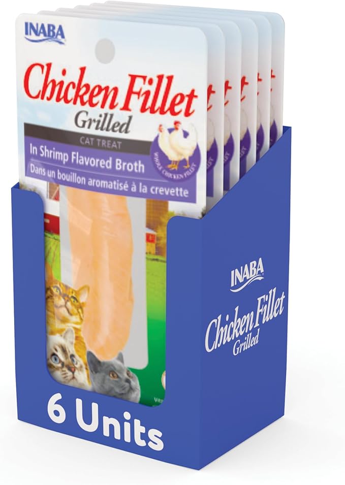 INABA Premium Hand-Cut Grilled Chicken Fillet Cat Treats/Topper with Vitamin E and Green Tea Extract, 0.9 Ounces Each, Pack of 6, Shrimp Broth