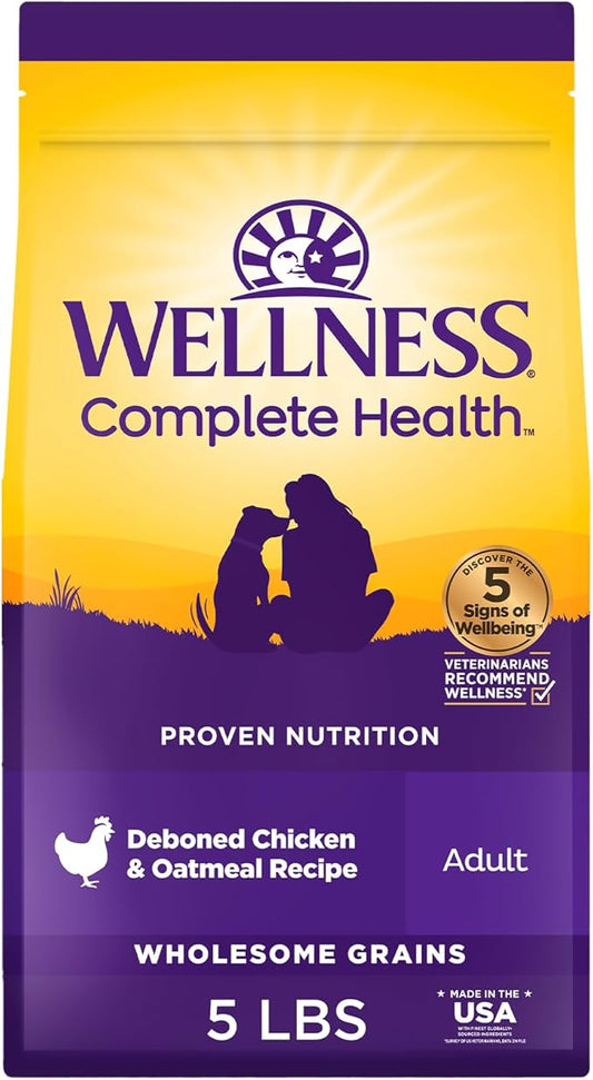 Wellness Complete Health Dry Dog Food with Grains, Natural Ingredients, Made in USA with Real Meat, All Breeds, For Adult Dogs (Chicken & Oatmeal, 5-Pound Bag)