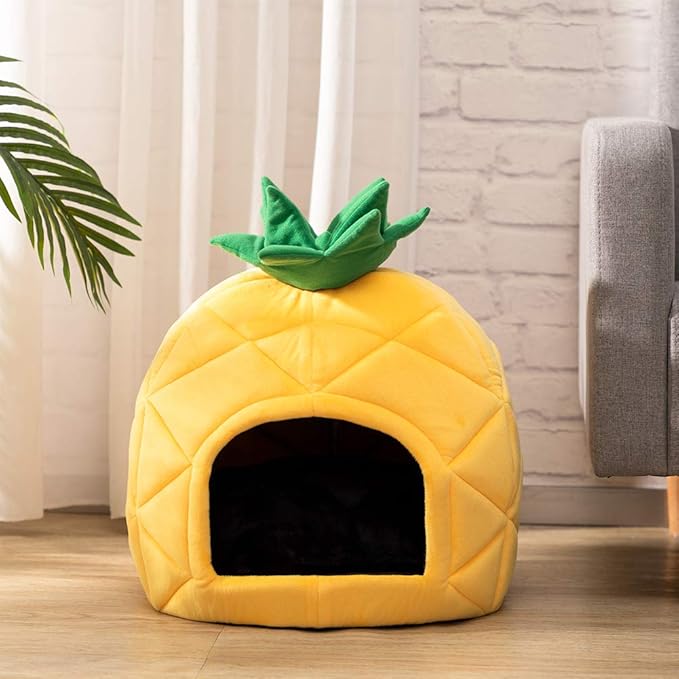 Hollypet Cozy Pet , Warm Cave Nest Sleeping Bed Pineapple Shape Puppy House for Cats and Small Dogs, Yellow