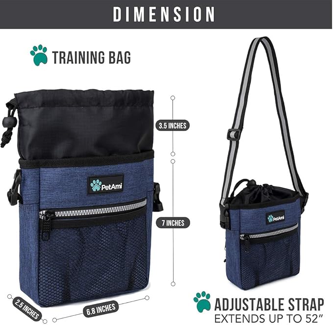 PetAmi Dog Treat Pouch, Pet Treat Pouch for Training, Dog Walking Bag Holder for Kibbles, Pet Food Toy, Dog Trainer Essentials Supplies, Poop Bag Dispenser, 3 Ways to Wear (Heather Navy)