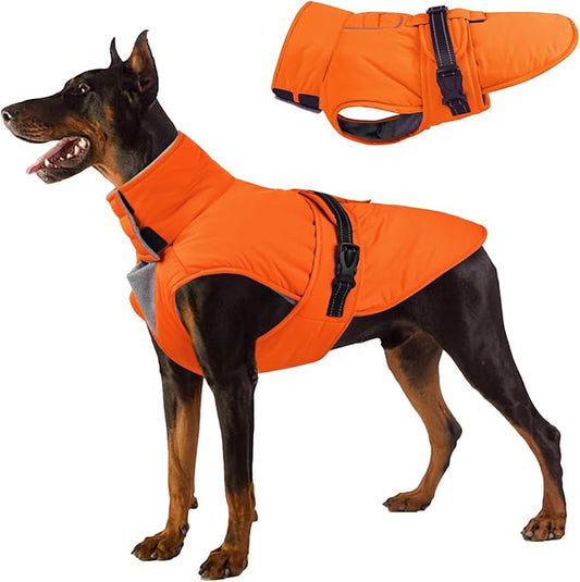 XXXL Dog Coat, Warm Dog Winter Jacket, Waterproof Dogs Snowsuit With Foldable High Collar, Reflective Strips, Leash Hole, And Adjustable Hook & Loop Closure - Ideal For Cold Weather- Orange 3XL