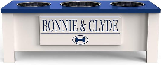 GrooveThis Woodshop - Personalized Elevated Triple Dog Bowl Stand for Large, Medium, Small, X-Small Dogs - 3 Stainless Steel Food and Water Bowls - Raised Dog Dish with Internal Storage (Medium, Blue)