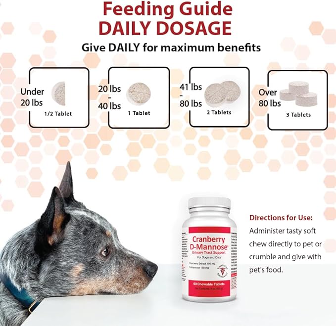 Cranberry D-Mannose Urinary Tract Supplement for Dogs & Cats – Bladder & UTI Health Support – Cranberry Extract, D-Mannose & Vitamin C–Promotes Urinary Wellness & Kidney Function – 60 Chewable Tablets