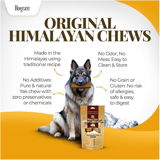 Dogsee Himalayan Yak Chew with Peanut Butter 1lb (Large - 4 Chews) | Support Muscle Growth in Dogs | Fights Plaque & Tartar | Dog Treats Healthy | Dog Chews for Teeth Cleaning