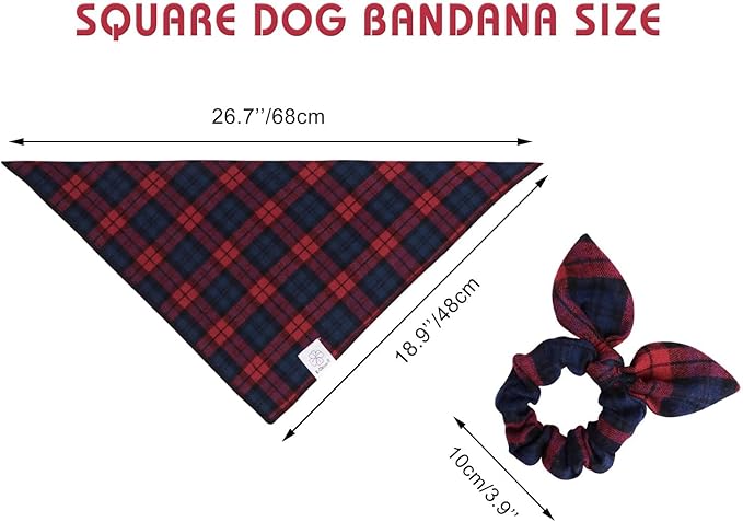 E-Clover Christmas Red Dog Bandanas & Matching Scrunchie Set Plaid Dog Scarf Bibs for Medium Large Dogs Girl Boy Pet Owner Gift Blue
