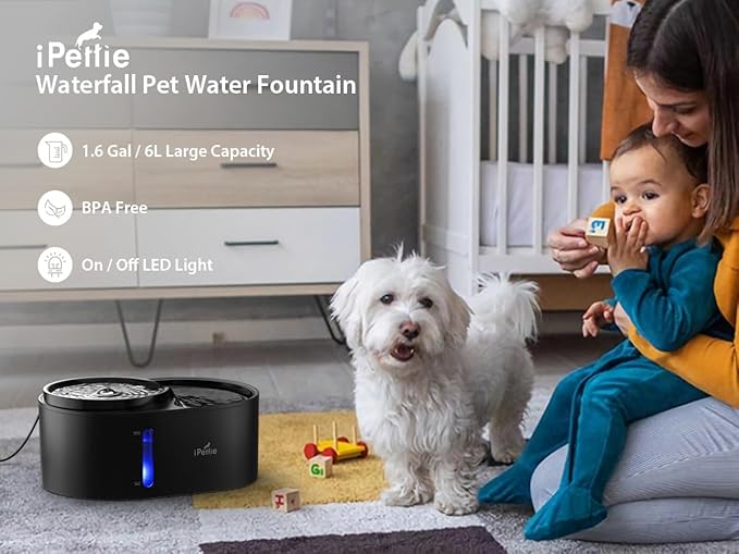 iPettie Waterfall Dog Water Fountain, Hygienic 5-Stage Filtered Water, 2 Heights to Drink from, Water Shortage Alert, Night Light with ON/Off Switch, Cat Water Fountain 203 OZ (1.6 GAL) 6 L
