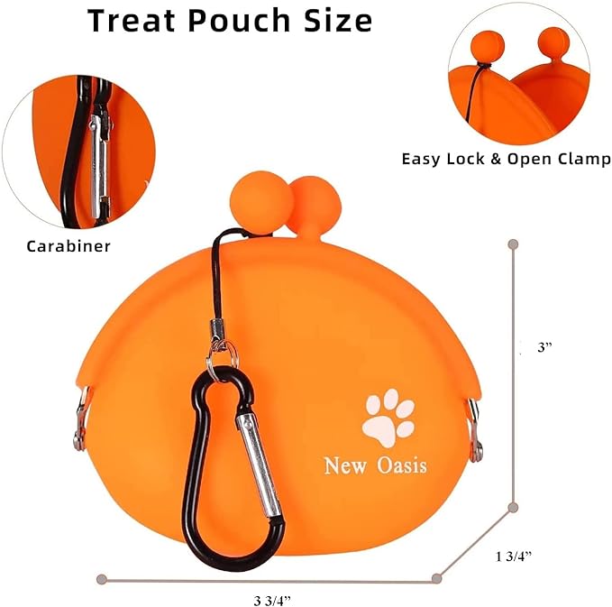 New Oasis Dog Treat Pouch, 10oz Silicone Treat Pouches for Pet Training BPA Free Small Dog Treat Bag for Leash, Orange