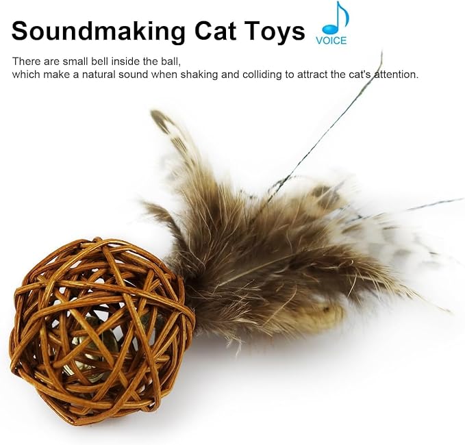 TTcat 2Pcs Feather Cat Ball Toy with Bell,Cat Toys for Indoor Cats,Interactive Chew Toys for Kitty Kitten.