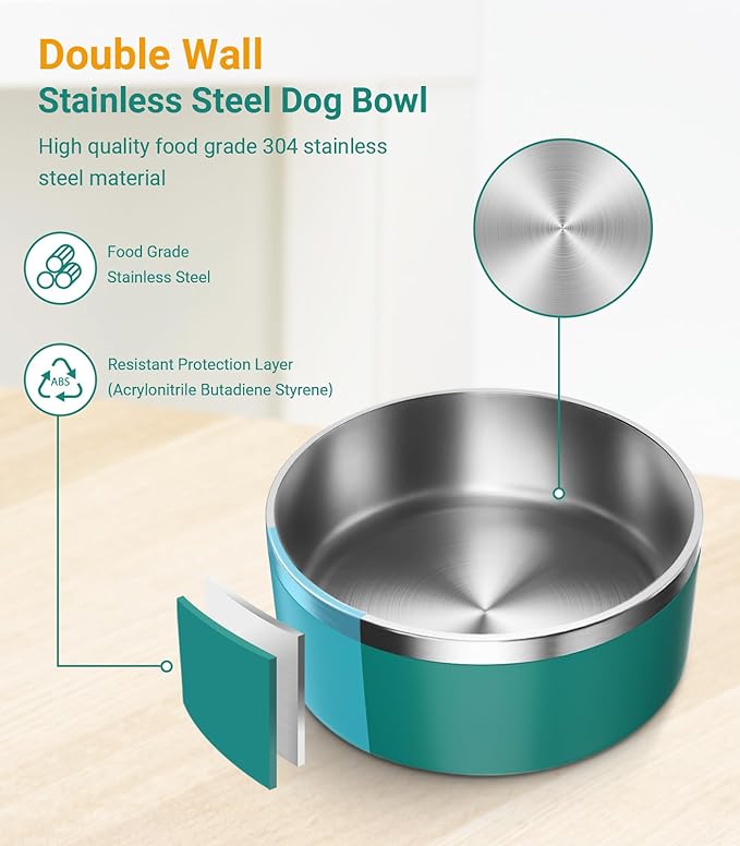 Dog Bowl, Stainless Steel Dog Food and Water Bowl with Non Slip Quiet Bottom, Easy to Clean, Dishwasher Safe, 64oz, Deep Green