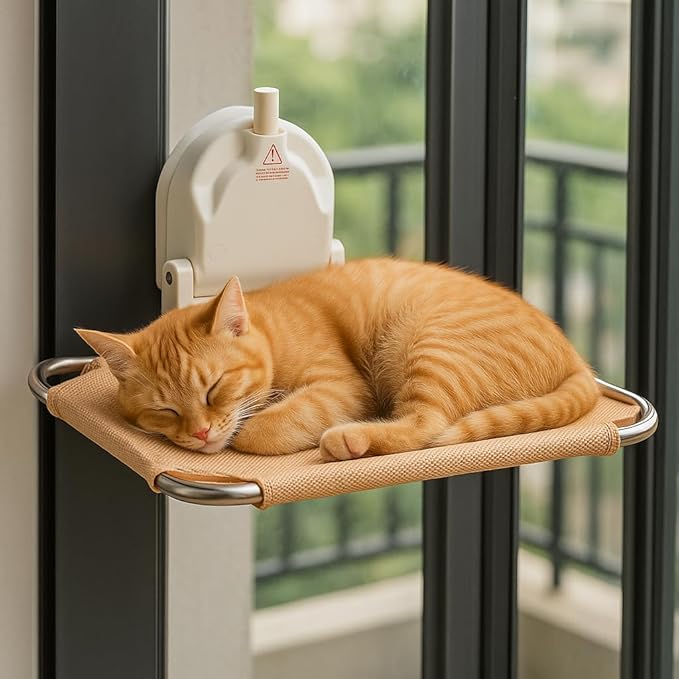 Cat Window Perch for RV & Balcony,Single Suction Cup High Suction Foldable Metal Frame Robust Breathable Lounger Hammock Seat Resting Bed Holds Large Cats Kittens Indoor