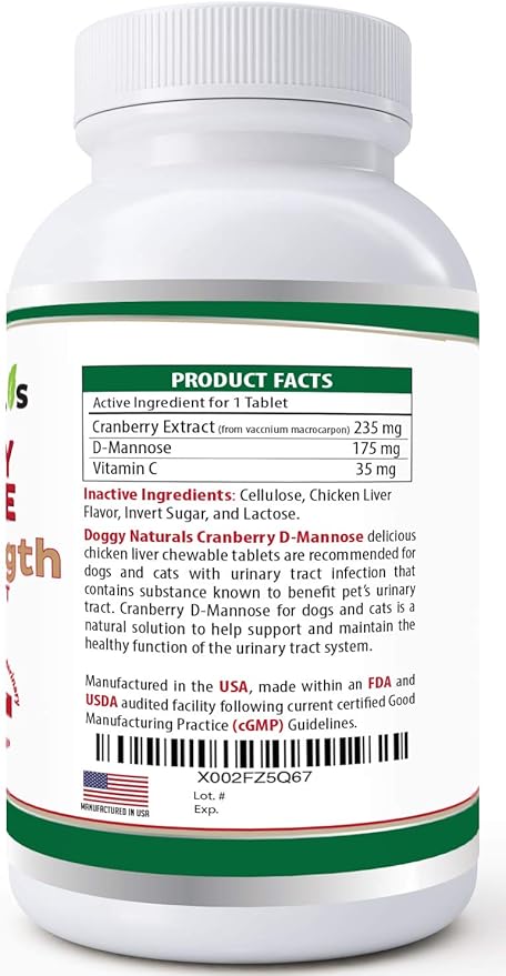 Cranberry D-Mannose for Dogs and Cats Urinary Tract Infection Support Prevents and Eliminates UTI, Bladder Infection Kidney Support, Antioxidant (Double Strength Tablet, 120 Count)