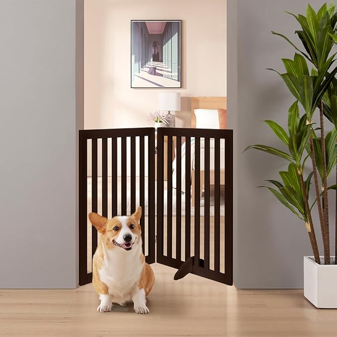 unipaws 36”H Free Standing Pet Gate for Dog and Cat, Wooden Dog Gates for Doorway, Stairs, Room Divider, Step Over Foldable Pet Fence for The House, Expandable Barrier, Indoor Use, Espresso