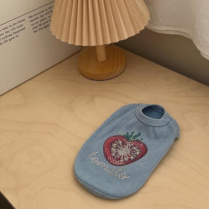 Washed Cotton Pet Vest with Rhinestone Fruit Designs, Soft & Stylish Small Dog Cat Vest for Spring Summer, Breathable & Shiny (Blue-Tomato, Large)