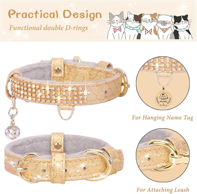 PetsHome Cat Collar, Dog Collar, [Bling Rhinestones] Premium PU Leather with Pendant Adjustable Collars for Big Cat and Small to Medium Dog Small Gold