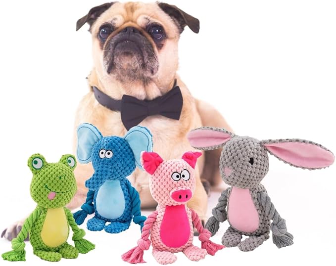 Cotton Rope Squeaky Dog Toy with Crinkle Paper – Interactive Plush Chew Toy for Small & Medium Puppies, Pig Design