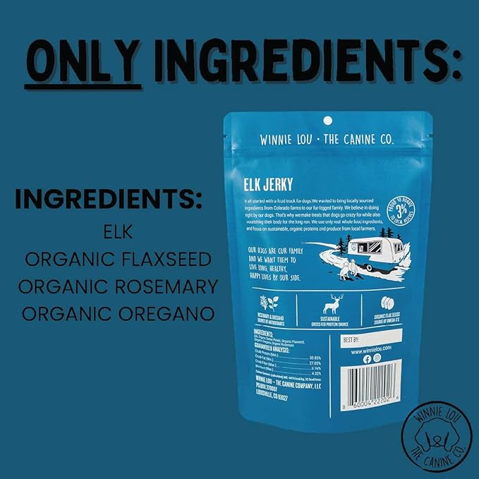 Winnie Lou Elk Jerky Dog Treats – Limited Ingredient, Human Grade, Training Treats for Small, Medium & Large Dogs, Made in USA (2 Pack)