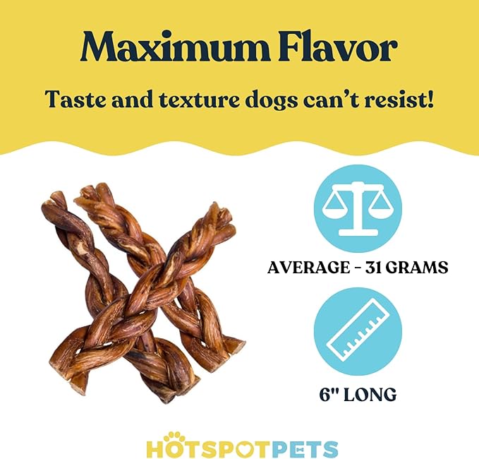 hotspot pets Braided Bully Sticks for Dogs - 6 Inch Stix (10 Pack) All Natural Long Lasting Twisted Beef Pizzle Dog Chew Treats - Low Odor, Grain Free Fully Digestible Rawhide Alternative Sticks